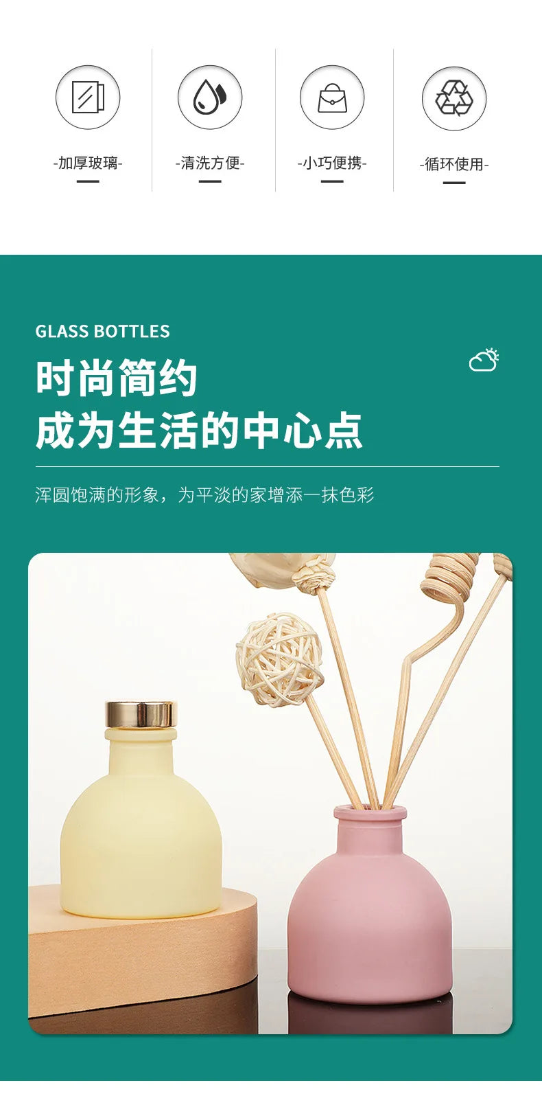 50ml Empty Glass Diffuser Bottle – Pink/White/Yellow/Black for Home Fragrance